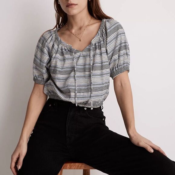 Madewell Jacquard Keyhole Crop Top in Stripe Tranquil Ocean M - Picture 1 of 5